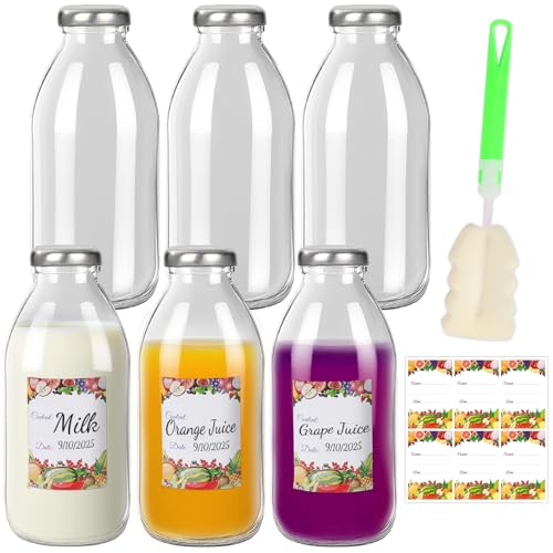 9 oz Glass Milk Bottles with Lids, 6 Pack Reusable Juice Bottle, Drinking Jars Container for Homemade Juicing, Smoothies, Shakes, Honey, Yogurt, Vinegar