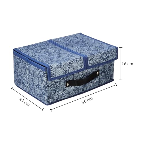 Image of Amazon Brand - Solimo Double Lid Foldable Storage Box | Toys Storage Bin | Wardrobe organizer for Clothes | Front Handle | Stackable Rack | 36 x 25 x 16 cm (Flower Print, Navy Blue)