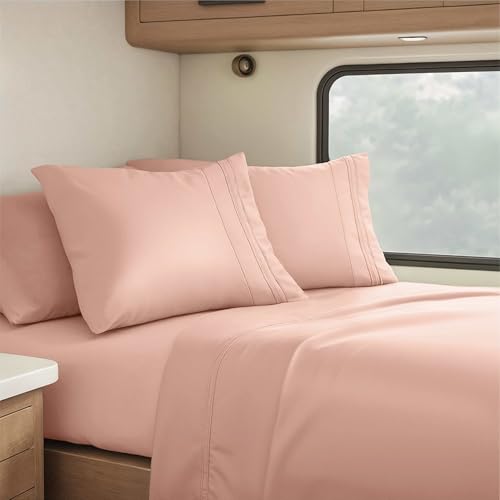 Image of Nestl Blush Pink Short Queen Sheets for RV, Hotel Luxury RV Queen Sheets Set, 4 Piece Fitted Bed Sheet Set and Pillowcases, Super Soft, Wrinkle-Free, and Breathable Camper Bedding