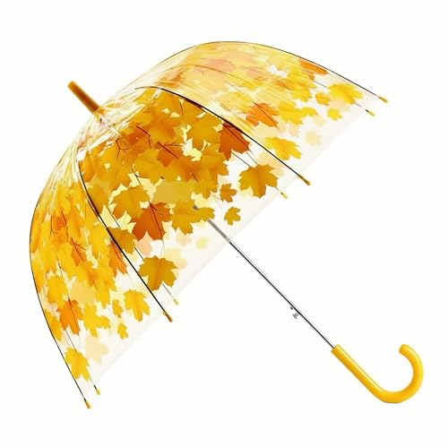 ThreeH Clear Dome Bubble Umbrella with Sycamore Leaves Automatic Switch Steel Ribs Elastic Plastic No Fading Rainproof Photographing for Girls Yellow Color