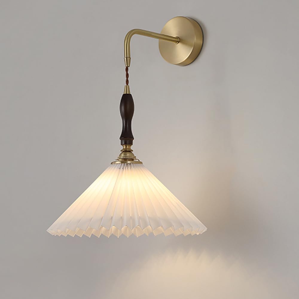 KBUUKYYXouy White and Gold Hanging Wall Sconce Pleated Fabric Shade Nordic Modern Mid Century Wall Light Fixture Wood Farmhouse Wall Sconce Vintage Wall Mounted Lamp for Bedroom Living Room Bedside