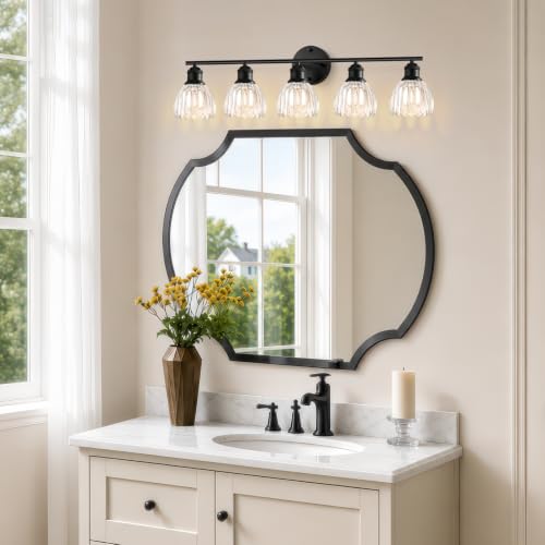 Image of Bathroom Light Fixtures, 5-Light Brushed Black Vanity Lights for Bathroom with Clear Tulip Glass Shade, 30 inch Vintage Bathroom Vanity Lighting Fixtures Over Mirror for Bedroom Living Room Hallway
