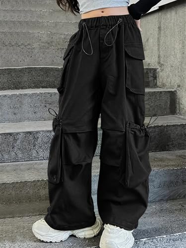 Image of Girls Vintage Multiple Pockets Cargo Pants Wide-Leg Casual Straight Streetwear, 6-14 Years Black 11-12Y