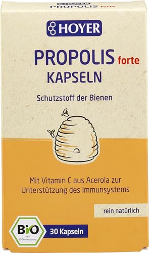 HOYER Propolis Kapseln forte Bio - Mit Propolis-Extrakt & Vitamin C - Nahrungsergänzungsmittel zur Unterstützung des Immunsystems - 30 Stück (11,3 g)