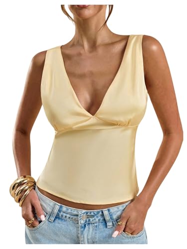 SOLY HUX Women's Satin Tank Tops V Neck Sleeveless Tie