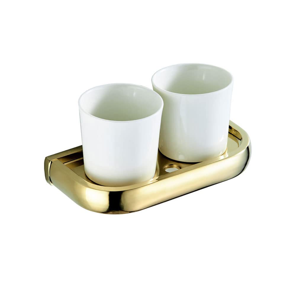 Zahnbürstenhalter, Goldener Doppel-Zahnbürstenhalter for Badezimmer, wandmontierter Keramik-Becherhalter mit mattiertem Keramikbecher, Zahnpasta-Rasierer-Organizer, Badezimmer-Aufbewahrung, Messing