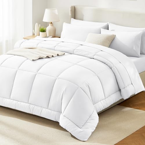 CozyLux King Size Comforter Set White, 7 Pieces Bed in a Bag, White Comforter King Size, All Season Bedding Sets with Stitch Quilted Comforter, Flat Sheet, Fitted Sheet, Pillowcases