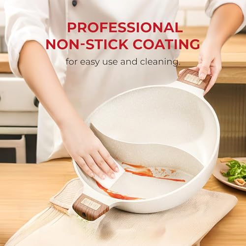 Image of Rosewill 4.2QT Double Flavor Non-Sticking Shabu Shabu Hot Pot with Divider, 13 inch Divided Stockpot for Cooking, Hot Pot for Induction Cooktop & Gas Stove, Electric Burner - Beige