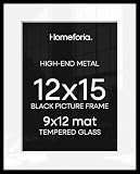 Homeforia 12x15 Picture Frame Black, High End Metal 12x15 Poster Frames with Mat 9x12 for Photo, 12 x 15 Black Frame Matted to 9 by 12 inch Print, 15x12 Thin Frames, Tempered Glass, Wall Kit, Set of 1