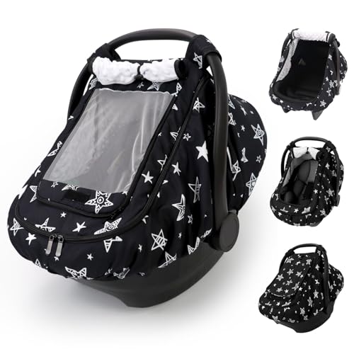 Image of Sweetwavet Car Seat Cover Baby Boy, Infant Car Seat Canopy Outdoor, 2 Layers with Mesh and Sun Shade Window for Summer Winter, Easy Access Carseat Covers Snug Fit Baby Stroller - Black Star