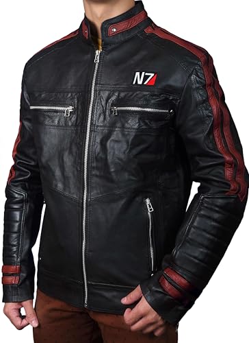 Men’s Gaming Mass Effect N7 Real Leather Biker Black Motorcycle Jacket3