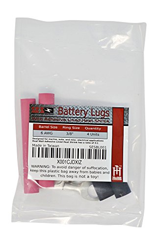 4 Pack - 6 Gauge - 3/8" Ring - Tinned Copper Marine Battery Welding Lug Terminal Connectors - Dual Wall Adhesive Heat Shrink Included #TOP5