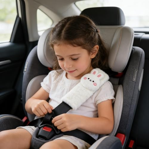 Image of Baby Car Seat Neck Cover, Baby Strap Pad, Car Seat Strap Cover, Car Seat Belt Cover Boy Girl, Baby Neck Pad, Car Strap Pad Fleece, Belt Pad Plush Doll, Seat Belt Pads (Rabbit Doll in White Fleece)