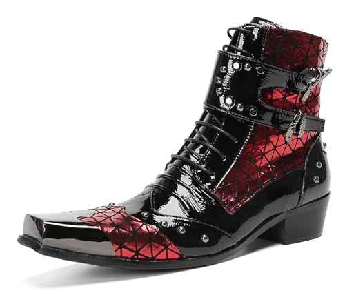 Santimon Men's Leather Western Cowboy Boots - Dress Casual Metal-Square Toe Oxfords Ankle Boots with Zipper & Double Buckle for Party Disco & Ballroom
