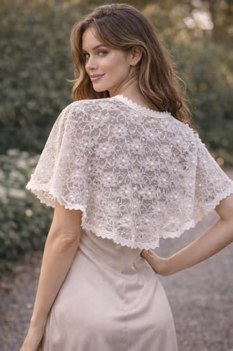 Image of Women White Lace Poncho with Pearl Work | Front Open Net Cape | Party & Shrug