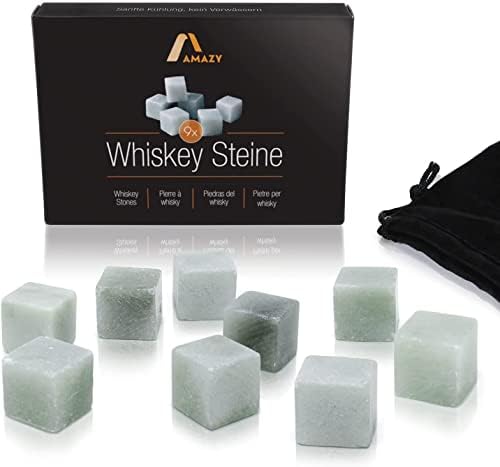 Amazy Kamienie do whisky (9 sztuk) wraz z aksamitnym woreczkiem kostki lodu wielokrotnego użytku z naturalnego, bezsmakowego steatytu, w eleganckim pudełku prezentowym