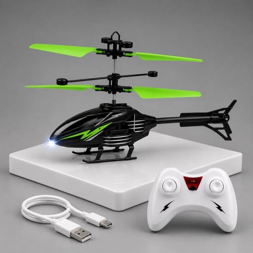 Image of KIDZYMON RC Helicopter with Hand Gravity Sensor, Flying Remote Control Helicopter Toy, Chargeble, 3D Light & Safety Sensor for Kids Age 4+ Years I Pack of 1 (Green)