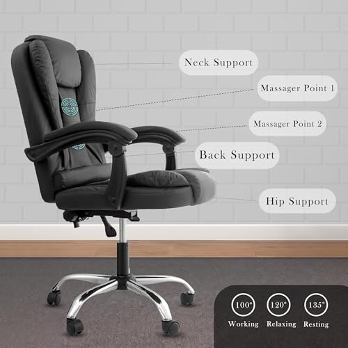 Image of Casa Copenhagen Italia Premium Leatherette Office Chair for Work | Boss Chair, Ergonomic Executive, Luxurious Cushioned Arms & Seat, 2 Point Back Massager, Heavy Duty Metal Base (Black)