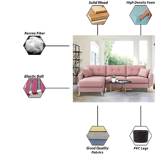 Image of BRAXTON Lindel LHS 4 Seater L Shape Sofa Set for Living Room (Pink) Premium Velvet Fabric Sofa