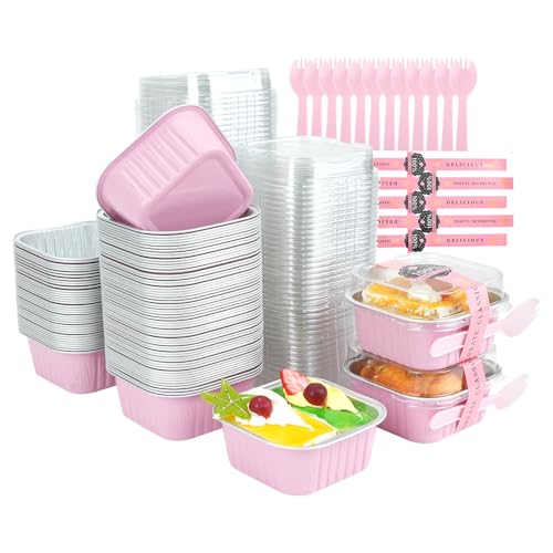 RETON 100 Pcs Mini Square Cake Baking Cups with Lids, 5oz Aluminum Foil Baking Pans Cupcake Liners