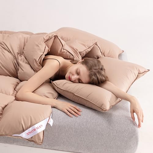SNOWMAN Premium Down Comforter Palatial King Size, Luxurious All Season Duvet Insert with Cotton Blended Fabric, 53oz Fill Weight 3D Baffle Box Design Hotel Bedding Comforter (Khaki,120"x98")