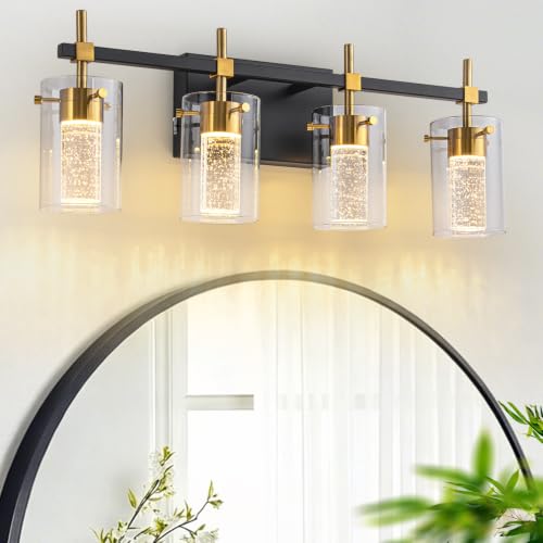 Image of 4-Light Black and Gold Vanity Light with 3 Color Modes (3000K /4000K /6000K), Eye Protection LED Bathroom Light Fixture, Dimmable Modern Wall Light Over Mirror with Clear Glass Shade