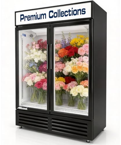 Image of Commercial Flower Beverage Refrigerator Floral Display Fridge,Two Glass Door Drink Cooler with LED Light Adjustable Shelves,ETL Sanitation,46 Cu Ft,54 inch Wide,Wheels Included