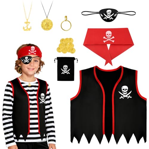 AOOWU Pirat kostüm für Kinder, 7-teiliges Piraten-Kostüm mit Piratenweste, Halskette, Augenklappe, Stirnband, Piratenkarten, Ohrringe,Geldbörse,Goldmünzen, Piratenkostüm für Karneval Halloween Cosplay