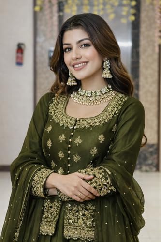 Image of Suppar Sleave Women's Chanderi Silk Embroidered Kurta Set with Lehenga Style Bottom & Dupatta | Bollywood Style Embroidery lehenga Choli Set For Woman