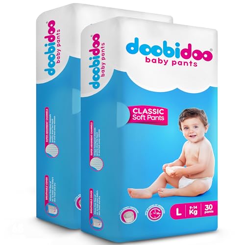 Image of Doobidoo Classic Baby Diaper Pants - Large Size | High Absorbency with Cottony Bubble Soft Topsheet, Anti-Leak Side Cuffs & Rash-Free Comfort | Gentle Protection (9-14 kg) - Pack of 2 | 60 Count