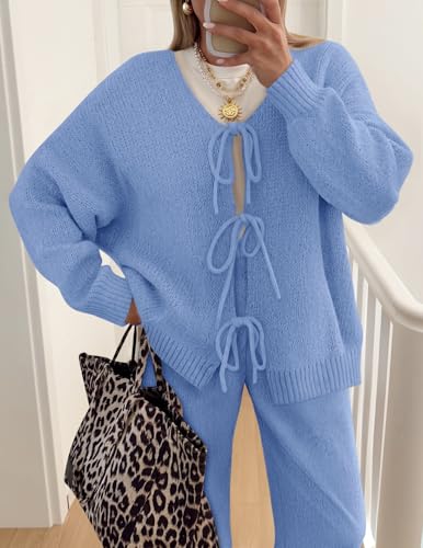 ZESICA Women's 2 Piece Outfits Lounge Pajama Sets 2025 Fall Long Sleeve Cardigans Wide Leg Pants Matching Winter Clothes3