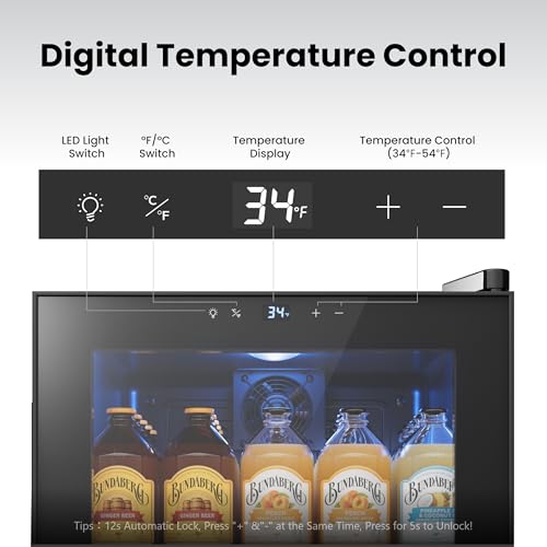 Image of Yeego Beverage Refrigerator, 65 Can Mini Fridge with Glass Door, Digital Temperature Control 34F-54F, Countertop Drink Cooler for Soda, Beer and Wine, Black
