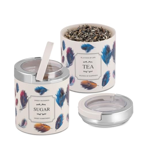 Image of Jaypee Plus Classique 2 Tea Coffee Sugar Storage Container Set 750 ml Airtight Plastic canisters Tea containers for kitchen | Silicon rubber lock Stackable glossy finish transparent Lid, Ivory Multi