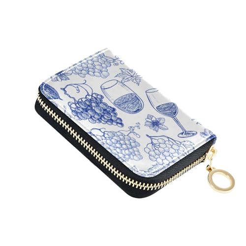 Compact Wallet Women Zip Around RFID Blocking Credit Card Holder Grapes Wine Fruit Blue Coin Change Purse with Zipper
