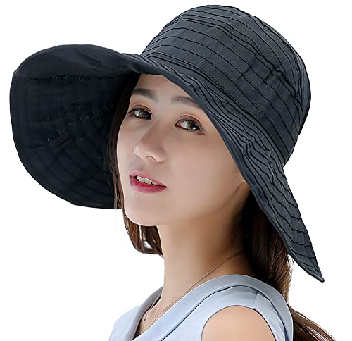 Foldable Empty Top Sun Cap,Summer Outdoor Wide Brim Sunscreen Beach Hat Ponytail Visors Black #TOP15