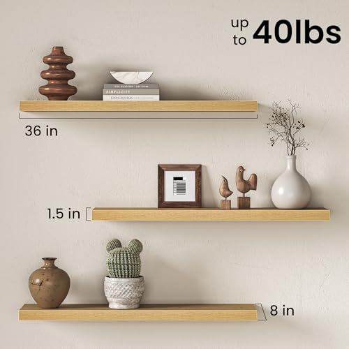 Image of Fun Memories 36Inch Floating Shelves for Wall, 8 Inch Deep Shelves for Bathroom|Bedroom|Kitchen, Large Wall Mounted Wood Hanging Shelf with Invisible Brackets for Home Storage Decor, Oak - 2 Pack