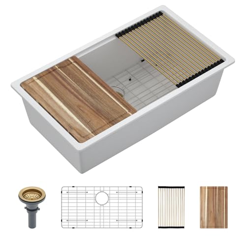30 Inch White Undermount Kitchen Sink Workstation - Couoko White Granite Composite Undermount Kitchen Sinks Quartz Classic Under Counter Single Bowl Sinks Basin with Luxury Accessories 30x19x10