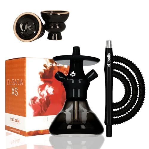 Chicha EL-BADIA® XS 21cm – Chicha Compacte et Portable de Voyage – Set Complet Nomade avec Vase en Verre, Corps en Aluminium, Tuyau, Foyer et Pince –...