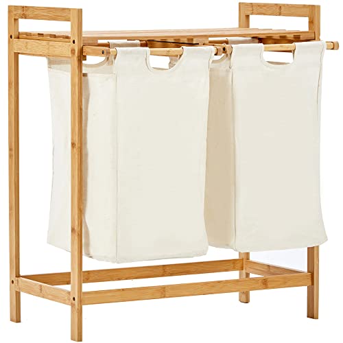 Organize Panier a Linge Sale sur Pied en Bambou - Paniere à 2 Compartiment de 30L en Tissu - Corbeille Salle de Bain - Bac de Rangement Buanderie - 64x33x73cm - Blanc