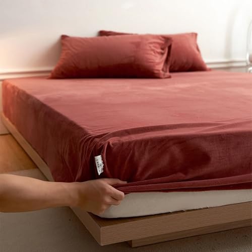 Beydodo Bajera Elastica Cama 135 x 200 CM x 30 CM,Terciopelo Sábanas Bajera Ajustables Color Sólido Vino Tinto