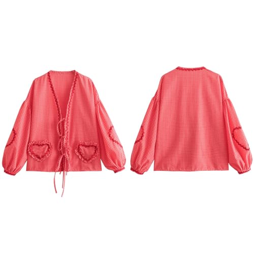 Tie Front Tops for Women Gingham Babydoll Bow Top Puff Sleeve Coquette Tops Heart Long Sleeve Cute Spring Tops4