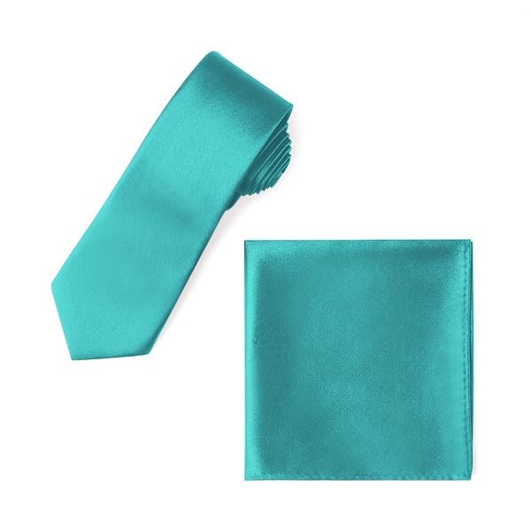 Image of Men's Satin Slim Necktie for Formal Wear | Premium Solid Tie for Office, Wedding, Business Meetings, Party & Interview | Stylish Silk Feel Neck Tie for Men with Pocket Square