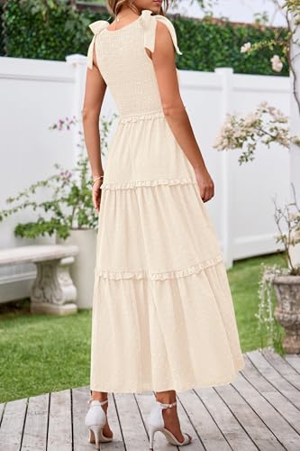 Okiwam Womens Summer Dresses 2025 Sleeveless Tie Strap Maxi Long Flowy Beach Sundresses Boho Swiss Dot Fall Wedding Dresses
