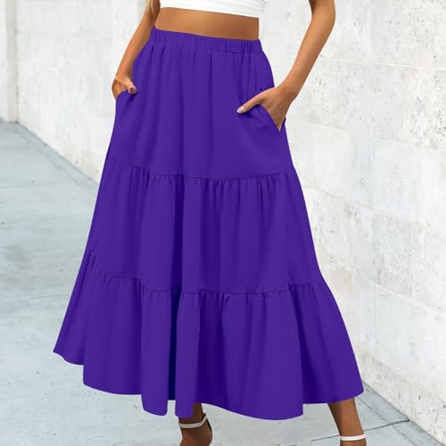 Summer Maxi Skirt for Women Boho Lightweight Flowy Tiered Long Beach Skirts with Pockets, Blue, Large2