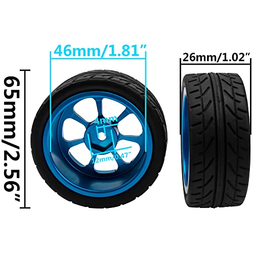 HIRCQOO Metal Wheel Rims 12mm Hex Hub & OD 2.56" Rubber Tires Compatible with Tamiya HPI Kyosho HSP Redcat Exceed RC 1/10 On-Road Touring Car WLtoys 1/14 144001 (Dark Blue)