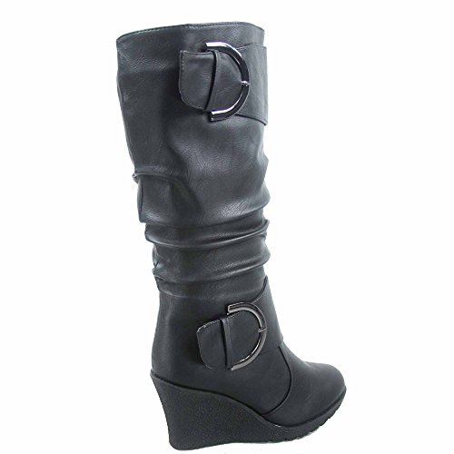 TOP Moda Pure-65 Women's Fashion Round Toe Slouch Buckle Wedge Mid Calf Boot Shoes4