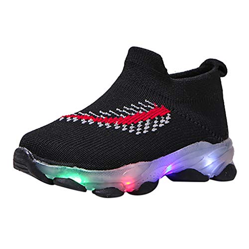 Kids LED Light Up Slip-On Soles Boy Girl Soft Knit Breathable Sock Shoes Casual Feather Flashing Sneakers as Gift Black