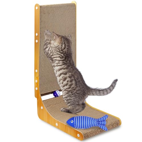 Griffoir pour Chat en Forme de L - 68 cm de Haut Avec Boule de Cloche et Poisson à la Menthe - Carton, Grande Planche Grattoir