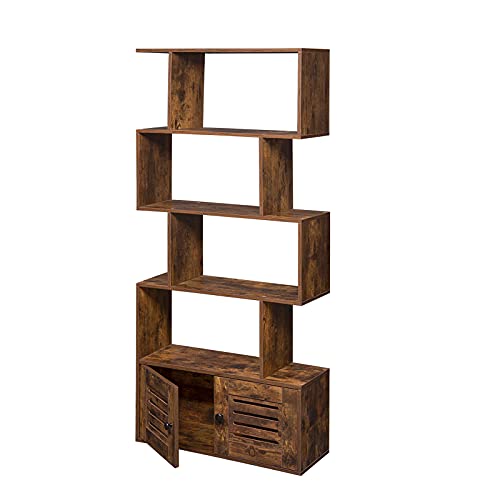 DINZI LVJ 5-Tier Wooden Geometric Bookcase, Bookshelf with Doors, S-Shaped Display Shelf with Cabinet, Freestanding Decorative Storage Shelving for Living Room, Rustic Brown