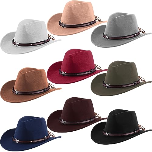 Image of Toulite 9 Pcs Western Cowboy Hats Faux Felt with Strap Bulk | 9 Color Fur Faux Felt Travel Cap for Men Women, Cowgirl Party Halloween Cosplay Costume Western Theme Events